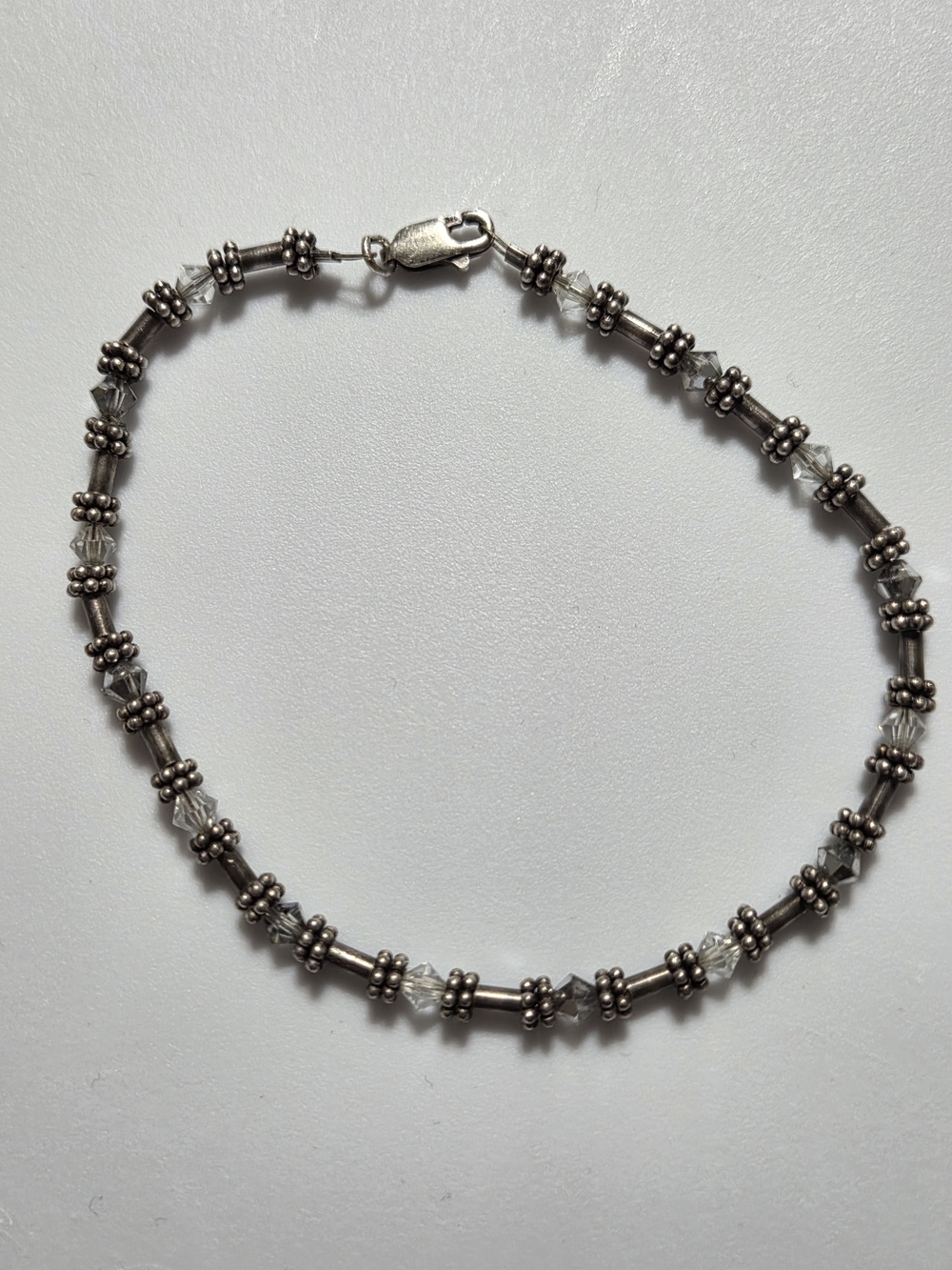 925 Sterling Silver Clear Crystal Beaded Bracelet Bali Beads 8.25 Inch